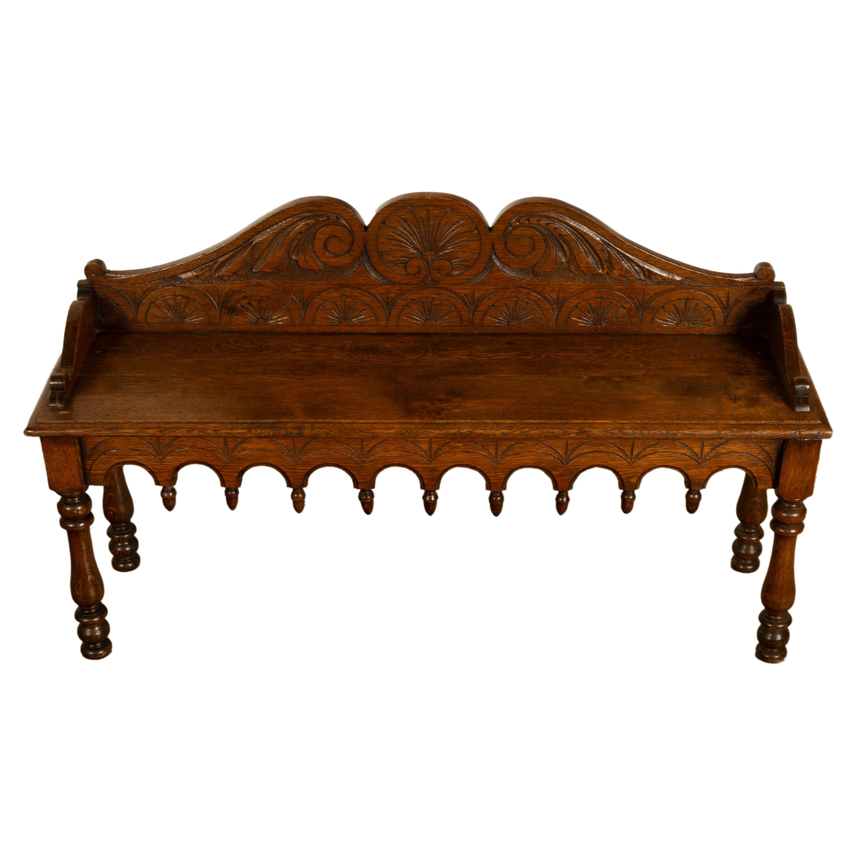 Antique English 19th Century Victorian Carved Oak Hall Window Seat Bench 1890 (Spätes 19. Jahrhundert) im Angebot
