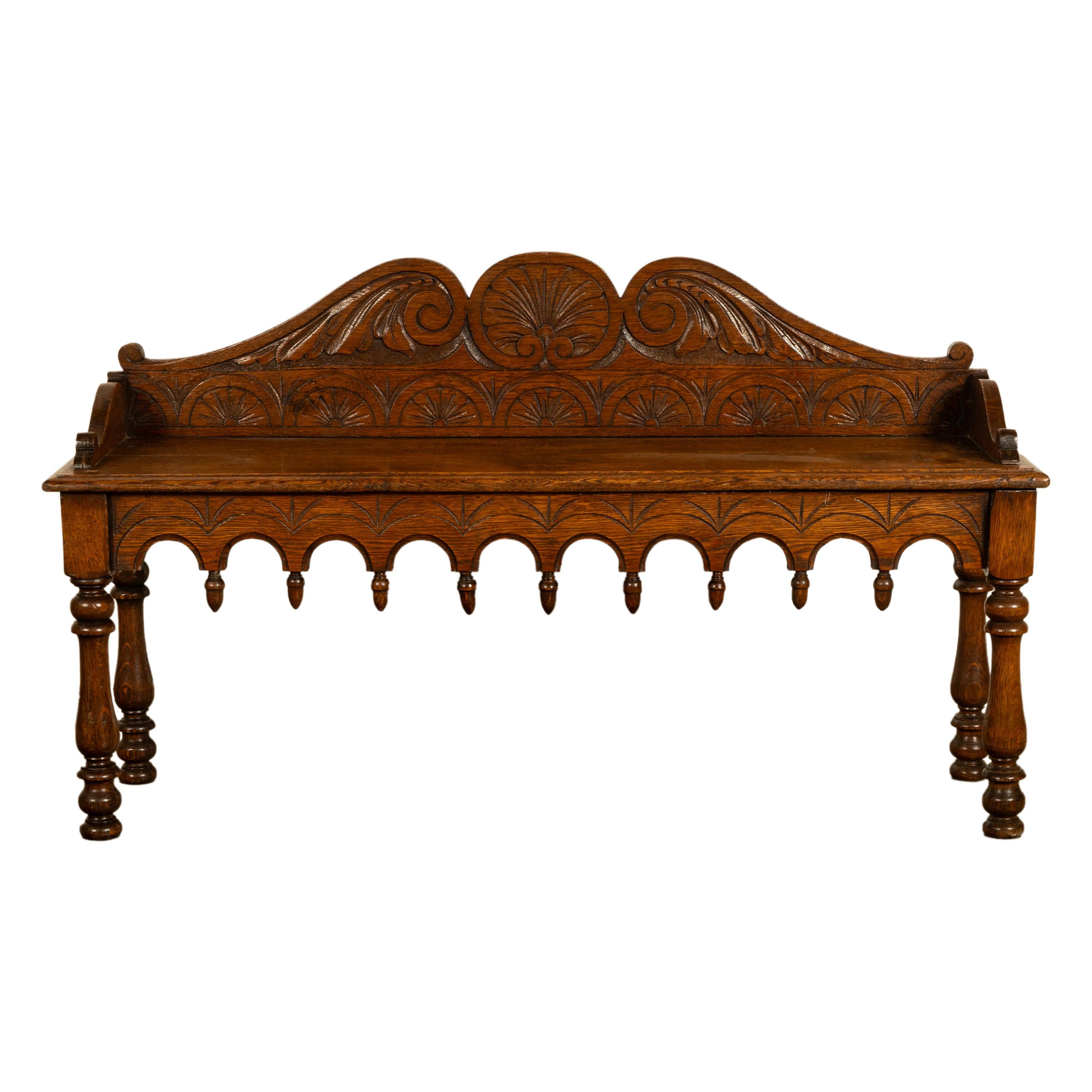 Antique English 19th Century Victorian Carved Oak Hall Window Seat Bench 1890 (Eichenholz) im Angebot
