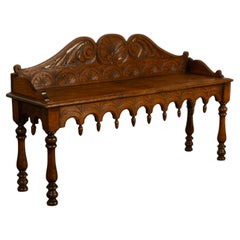 Antique English 19th Century Victorian Carved Oak Hall Window Seat Bench 1890