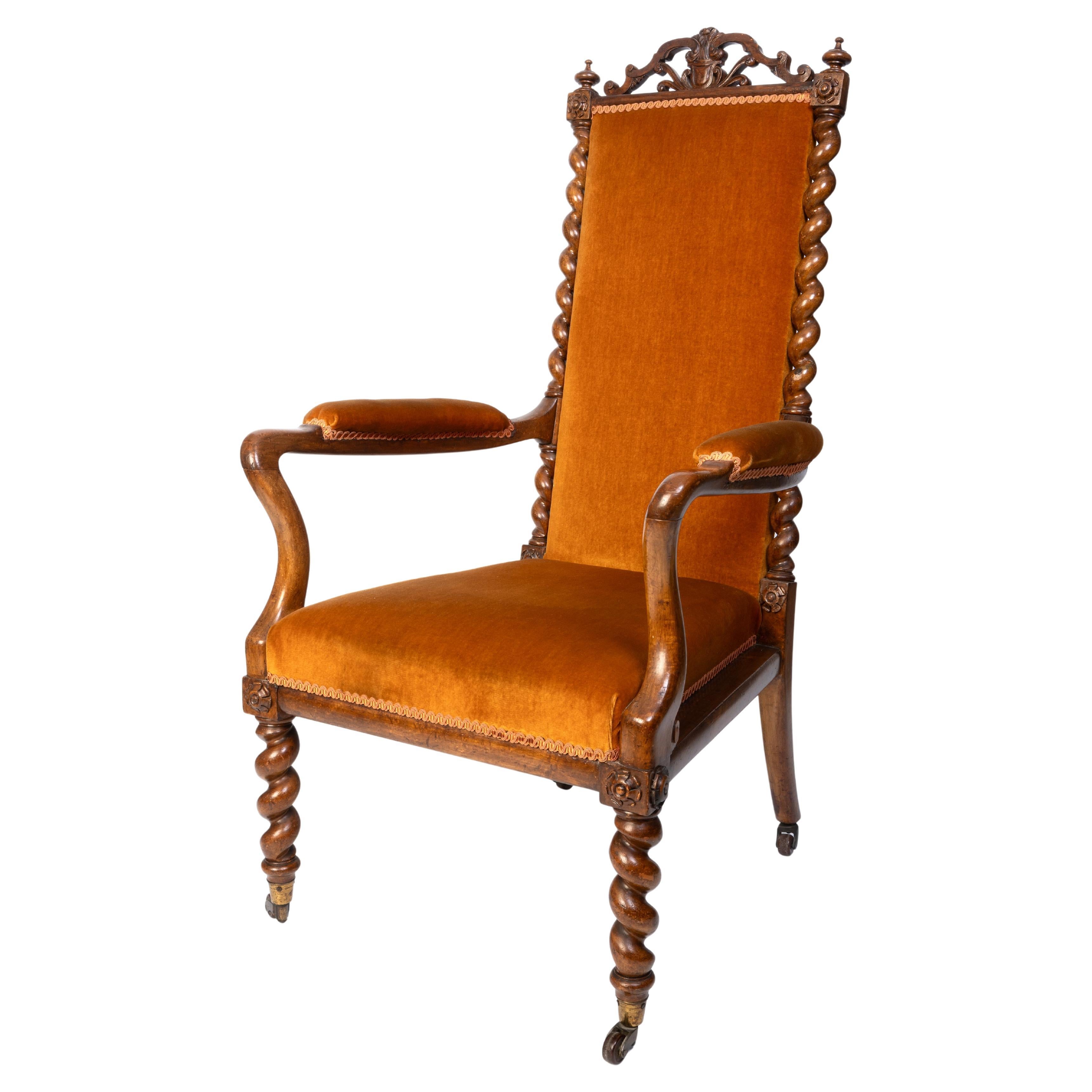 Antica poltrona a gomito in noce inglese del XIX secolo Barley Twist Chair
