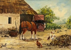 Antique English Signed Oil Painting Farmyard Animals Rural Countryside Scene