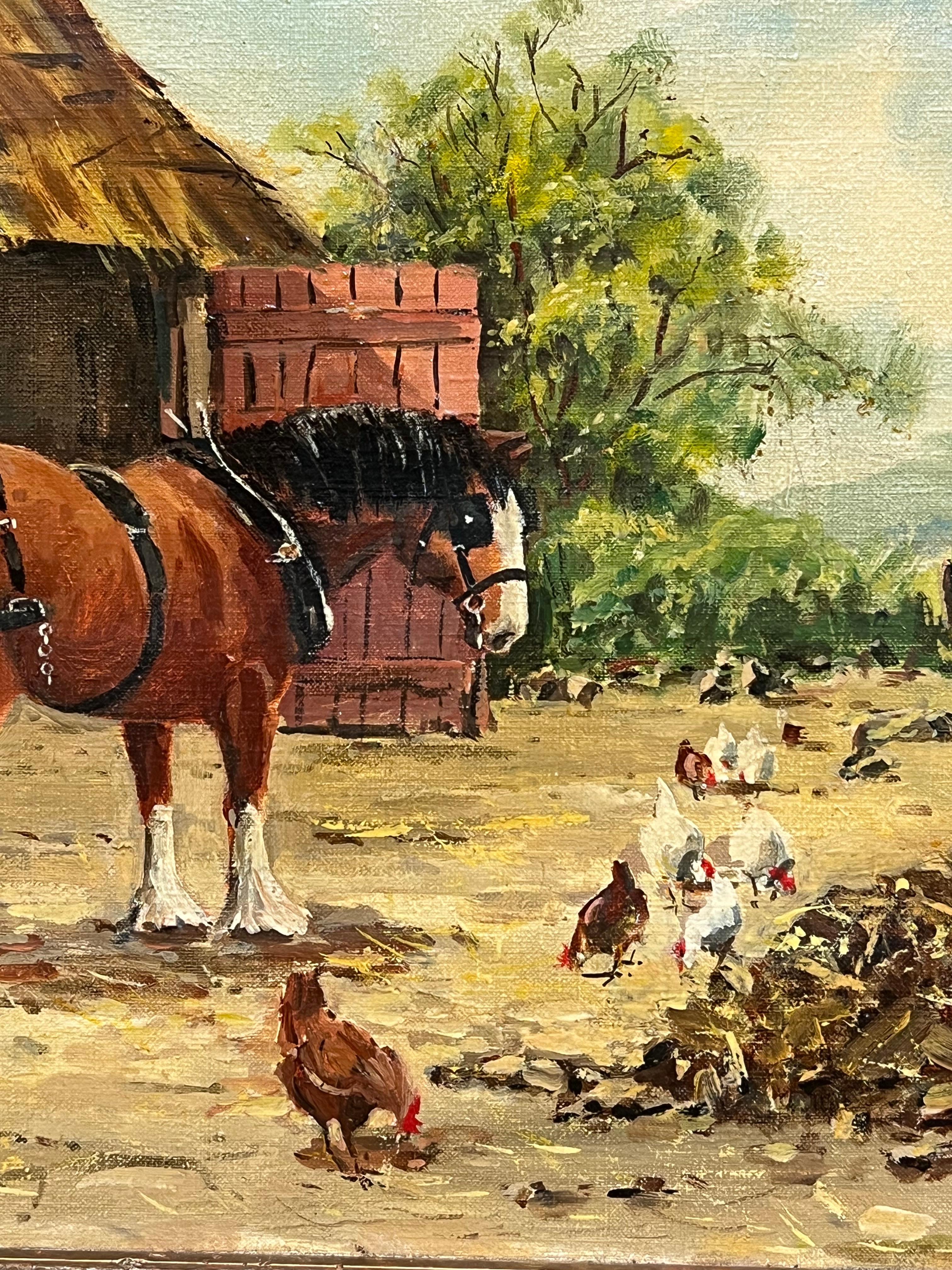 Pintura al Óleo Antigua Inglesa Firmada Animales de Granja Escena Campestre Rural en venta 2