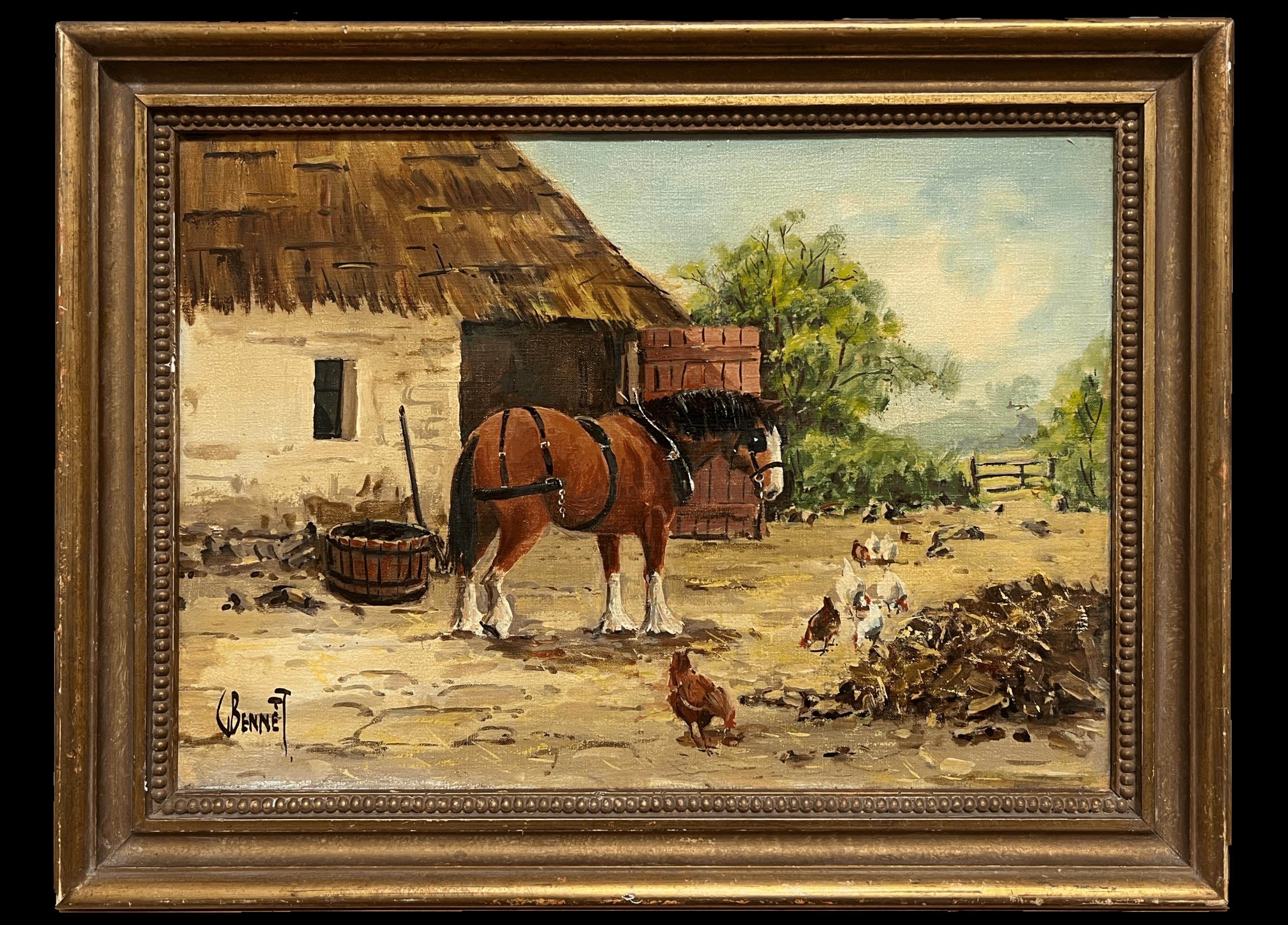 Pintura al Óleo Antigua Inglesa Firmada Animales de Granja Escena Campestre Rural