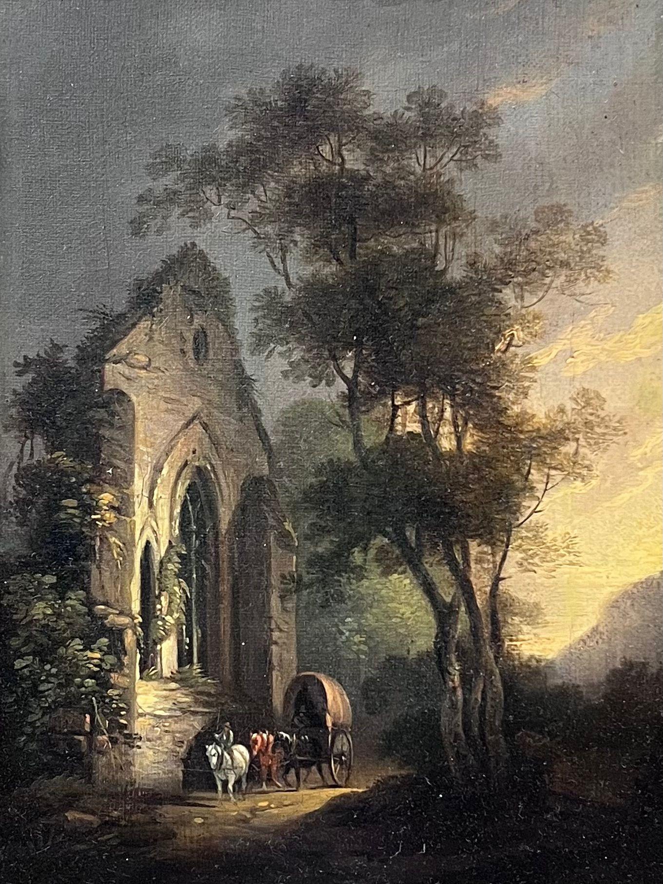Pittura a olio inglese dei primi del XIX secolo Viaggiatori al tramonto Antica terra di rovine - Painting di Antique English