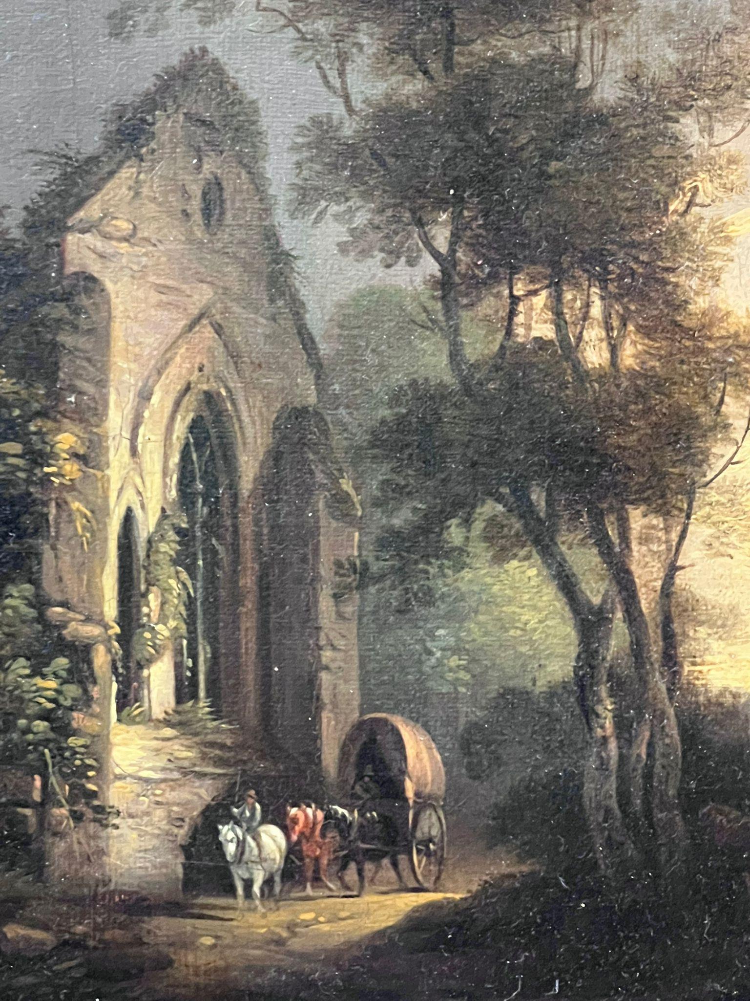Pittura a olio inglese dei primi del XIX secolo Viaggiatori al tramonto Antica terra di rovine in vendita 1