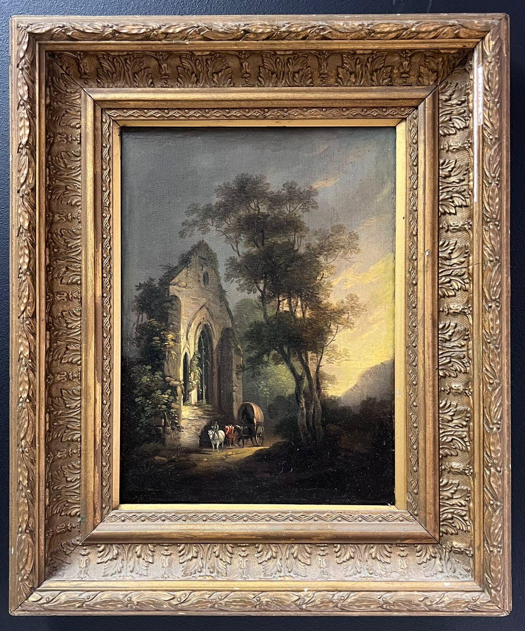 Landscape Painting di Antique English - Pittura a olio inglese dei primi del XIX secolo Viaggiatori al tramonto Antica terra di rovine