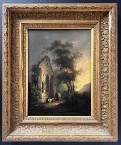 Pittura a olio inglese dei primi del XIX secolo Viaggiatori al tramonto Antica terra di rovine