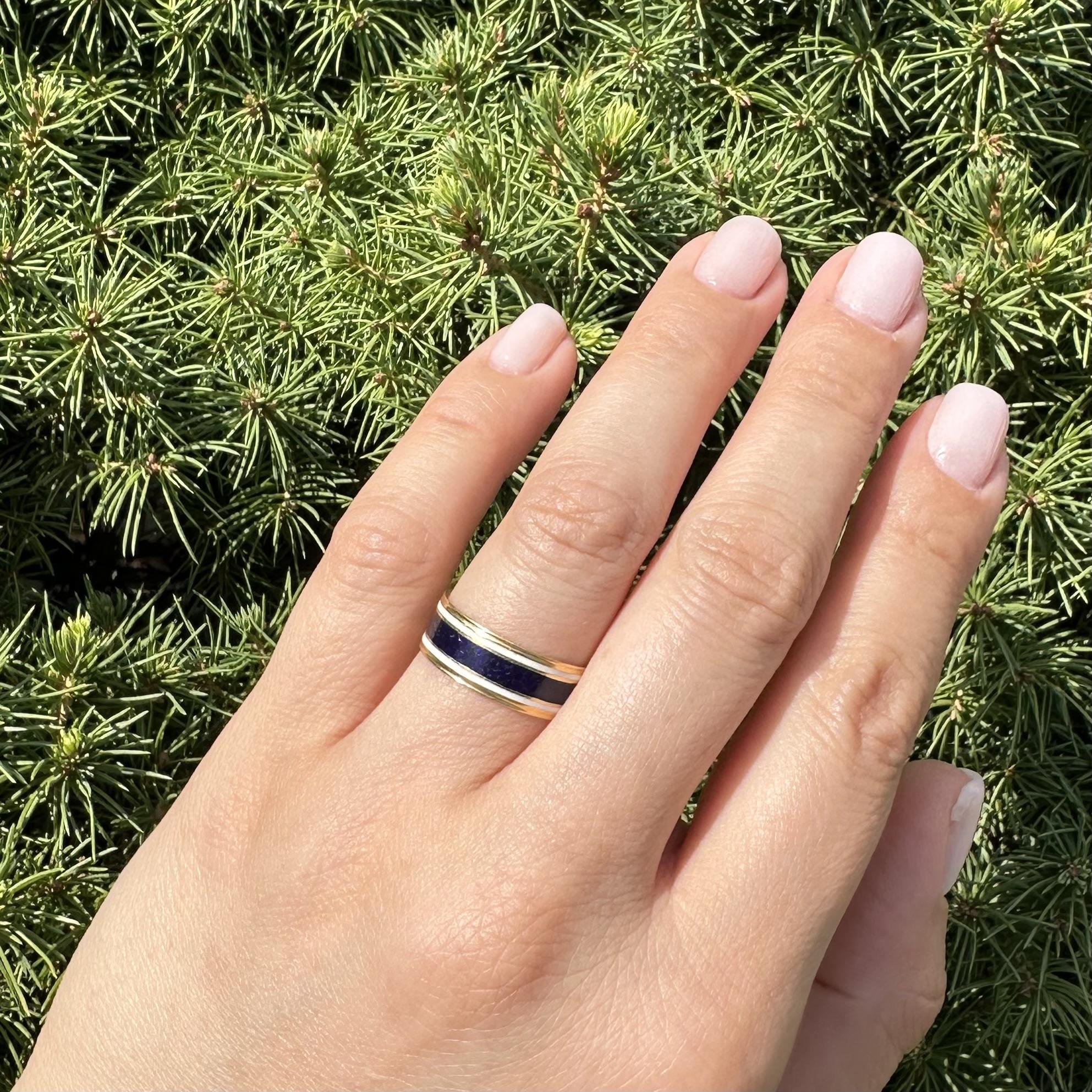Antike englische 22k Gelbgold blau & weiß Emaille Arbeit 6,9mm breite Band Ring im Angebot 2