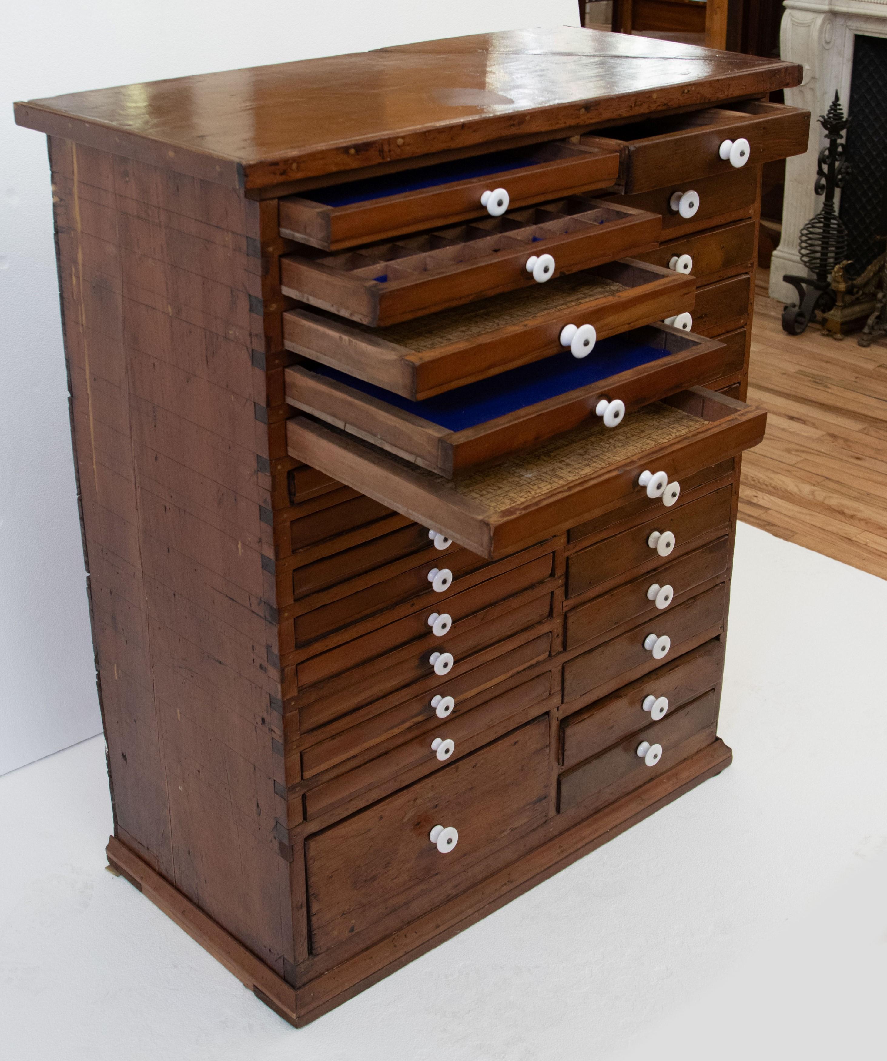 Industrial Antique English 26 Flat Drawer Wood Dental Cabinet For Sale