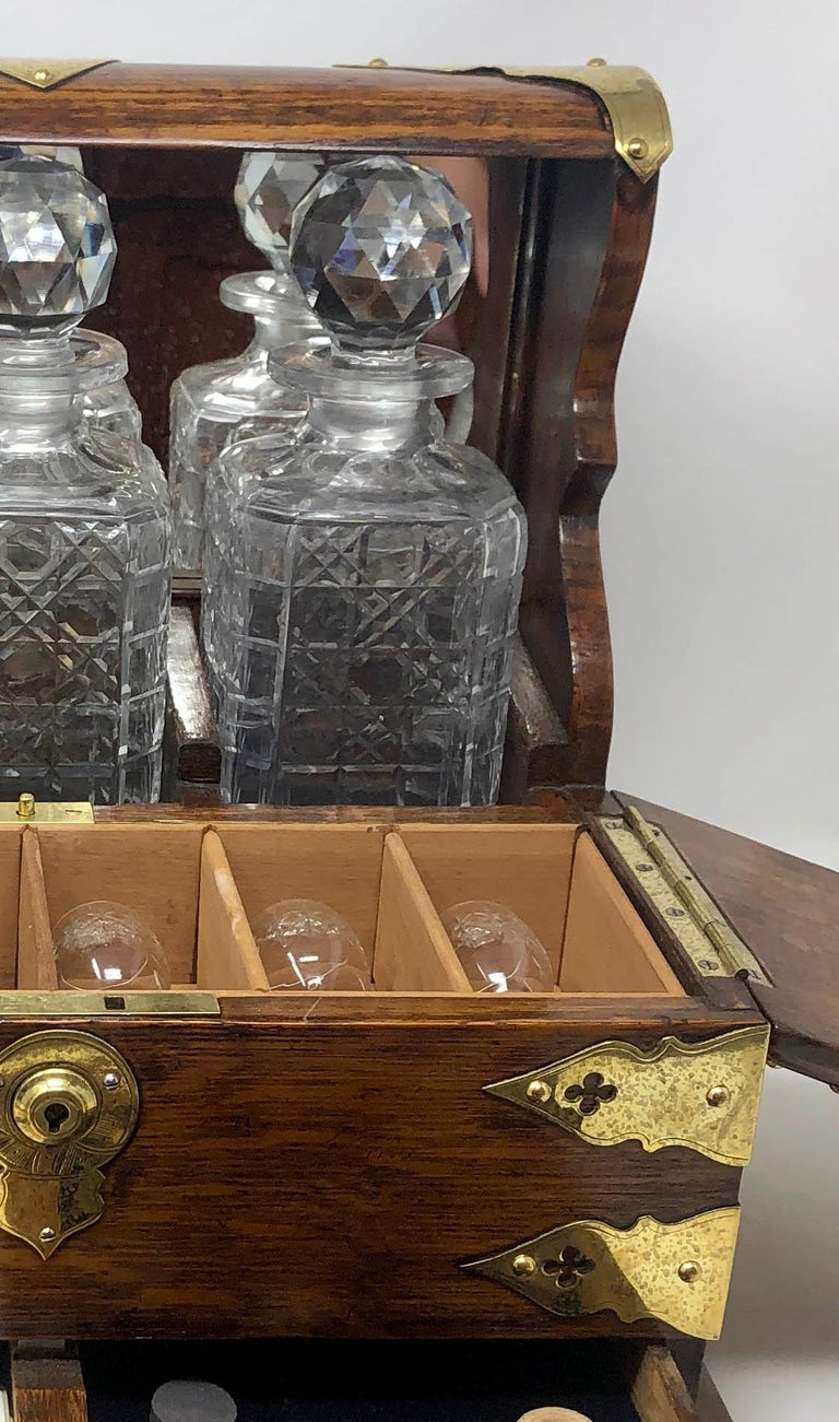 Antique English 3 Bottle Tantalus, Games Box & Smoker's Compendium, Circa 1890s In Good Condition In New Orleans, LA