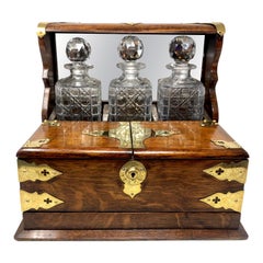 Antique English 3 Bottle Tantalus, Games Box & Smoker's Compendium, Circa 1890s