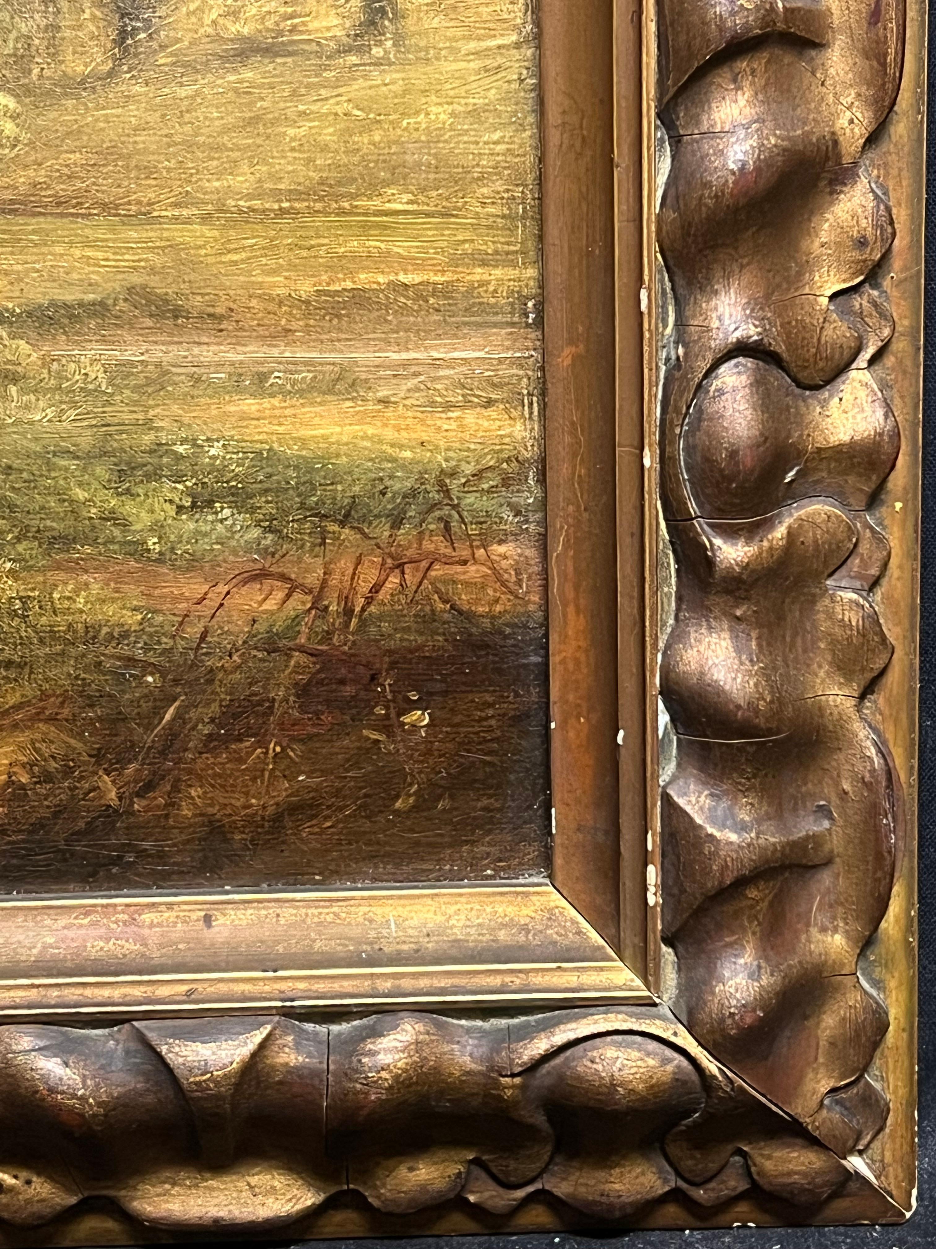 Óleo inglés del siglo XIX Paisaje pastoral con leñador y ganado pastando en venta 5