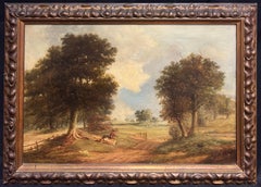 Óleo inglés del siglo XIX Paisaje pastoral con leñador y ganado pastando