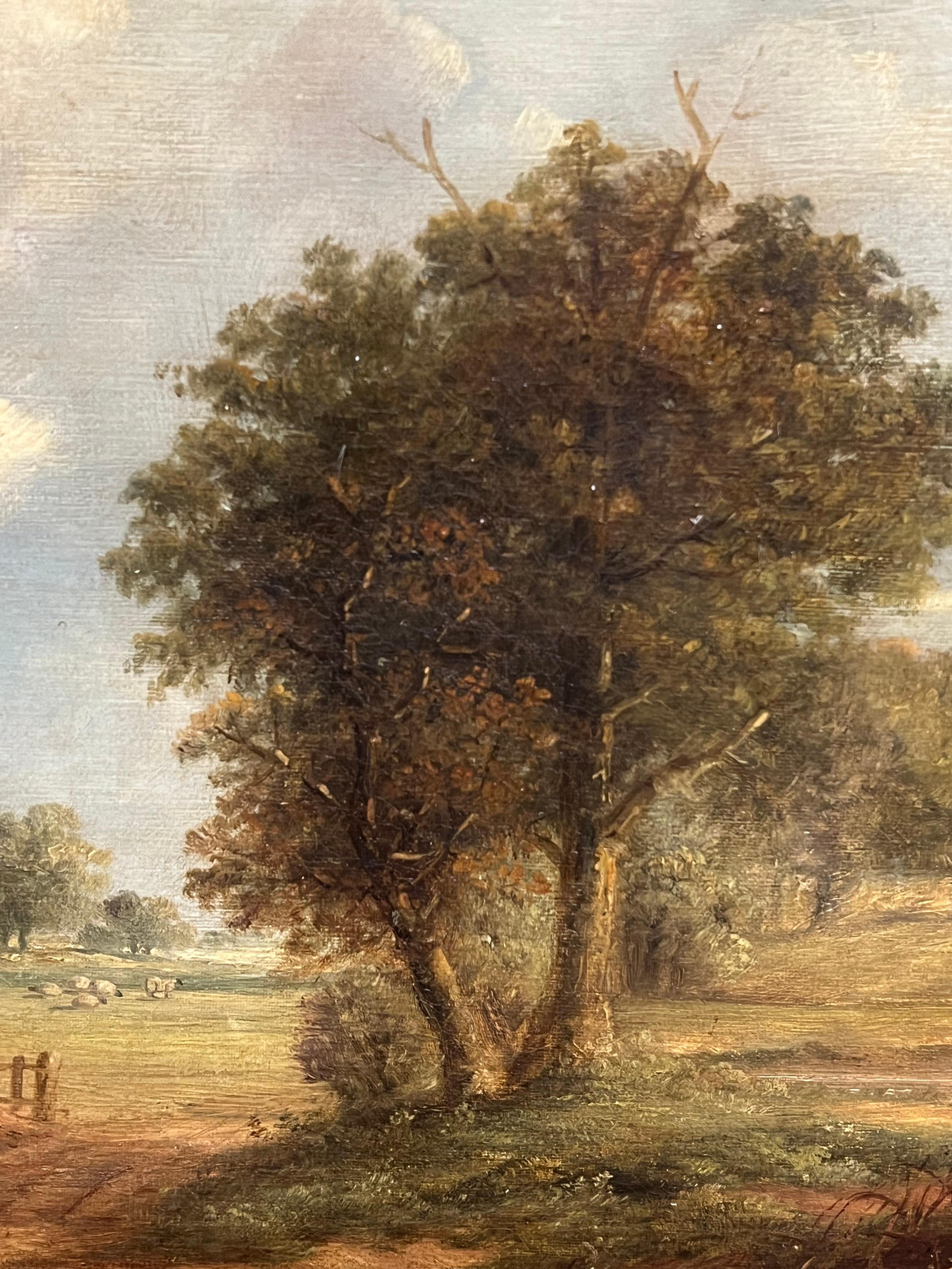 Óleo inglés del siglo XIX Paisaje pastoral con leñador y ganado pastando - Painting Victoriano de Antique English 