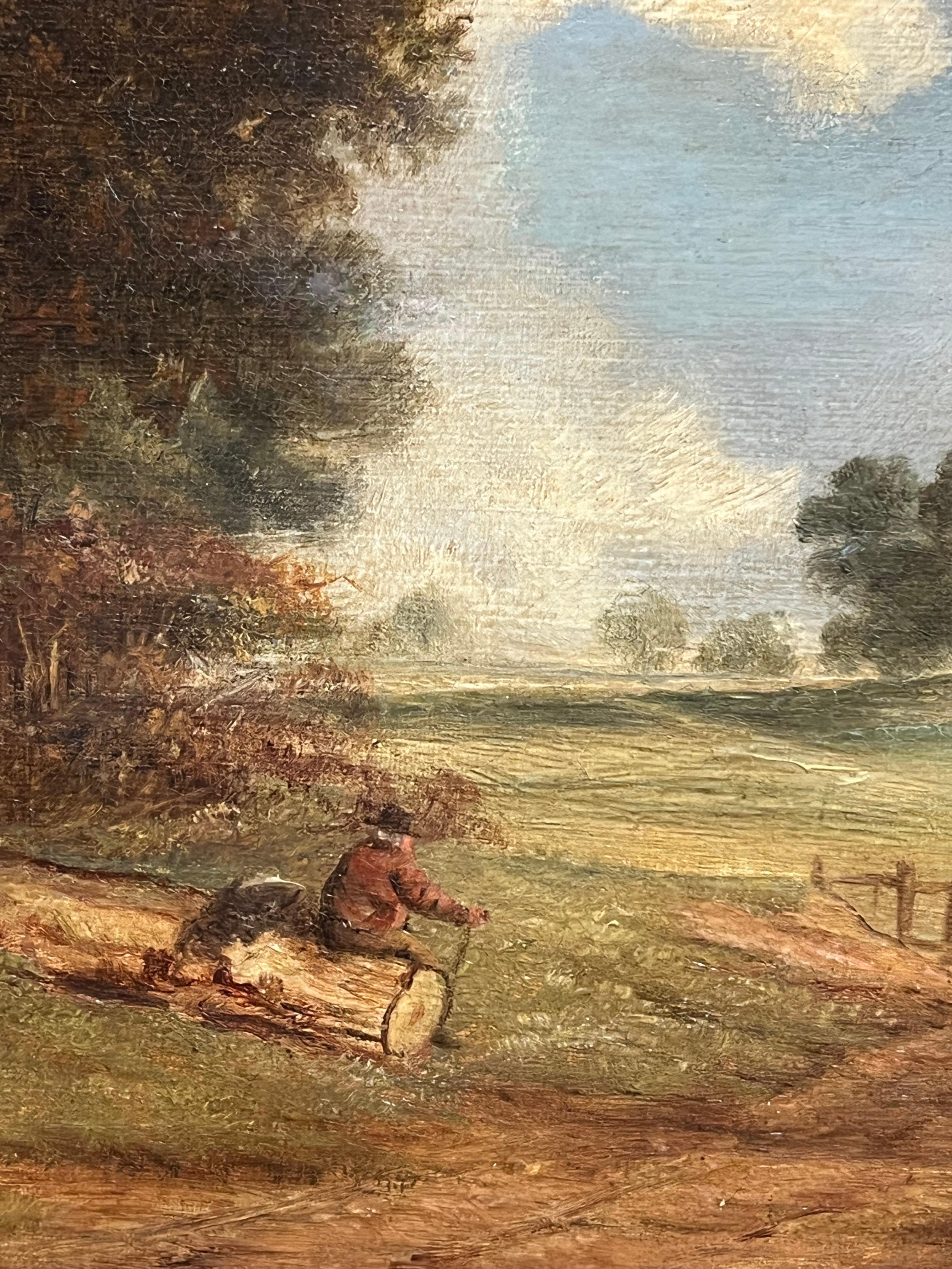 Óleo inglés del siglo XIX Paisaje pastoral con leñador y ganado pastando - Landscape Painting Marrón de Antique English 