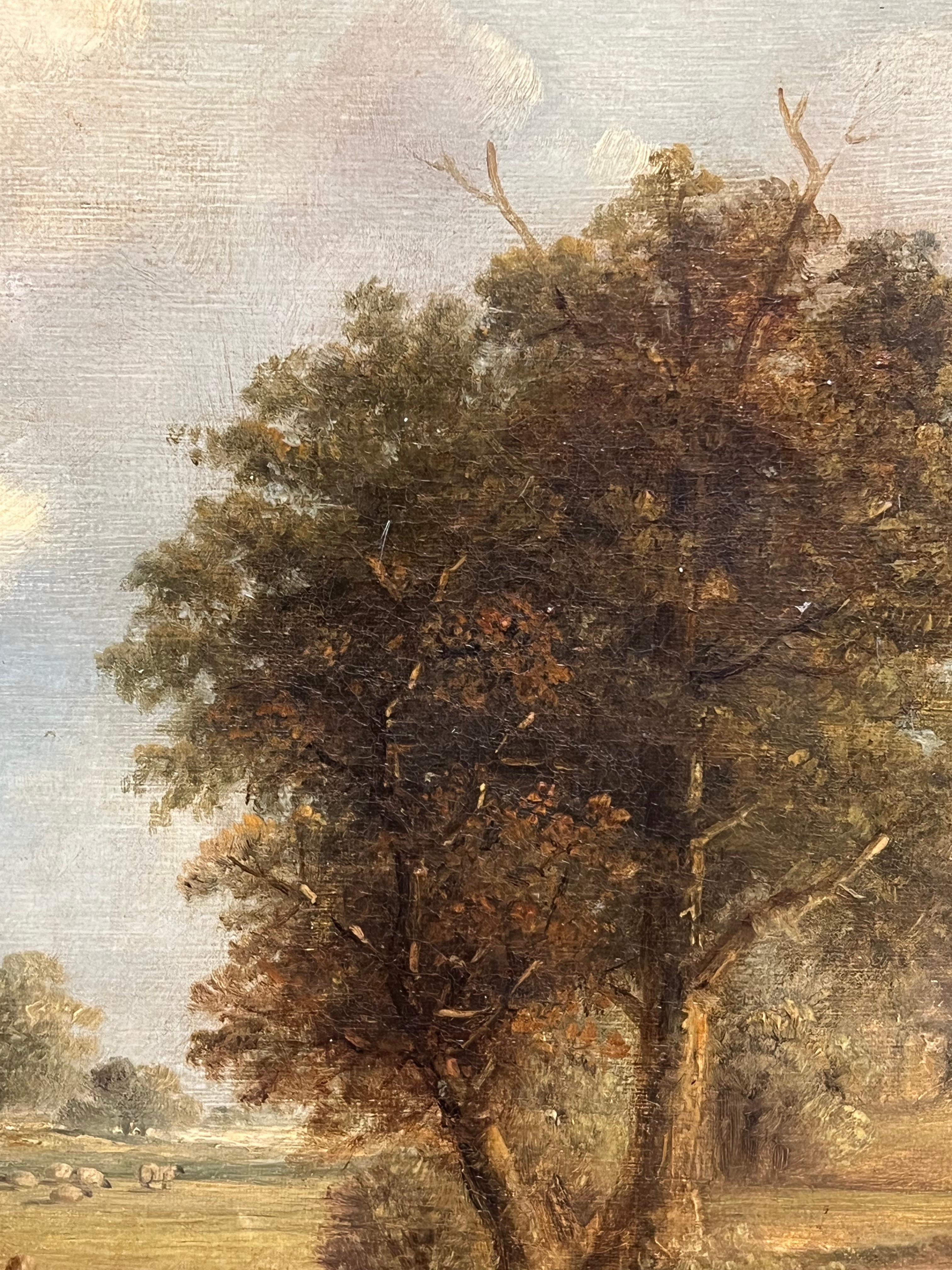 Óleo inglés del siglo XIX Paisaje pastoral con leñador y ganado pastando en venta 2