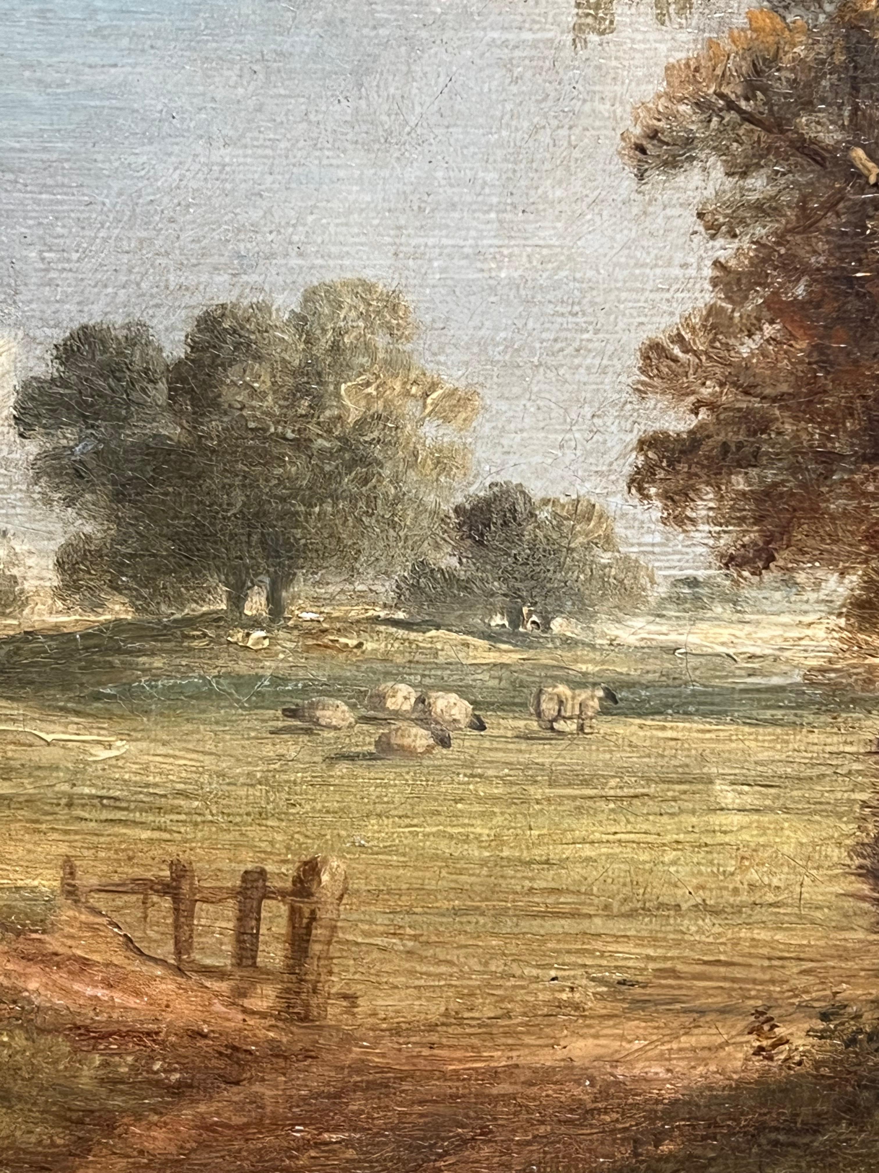 Óleo inglés del siglo XIX Paisaje pastoral con leñador y ganado pastando en venta 3