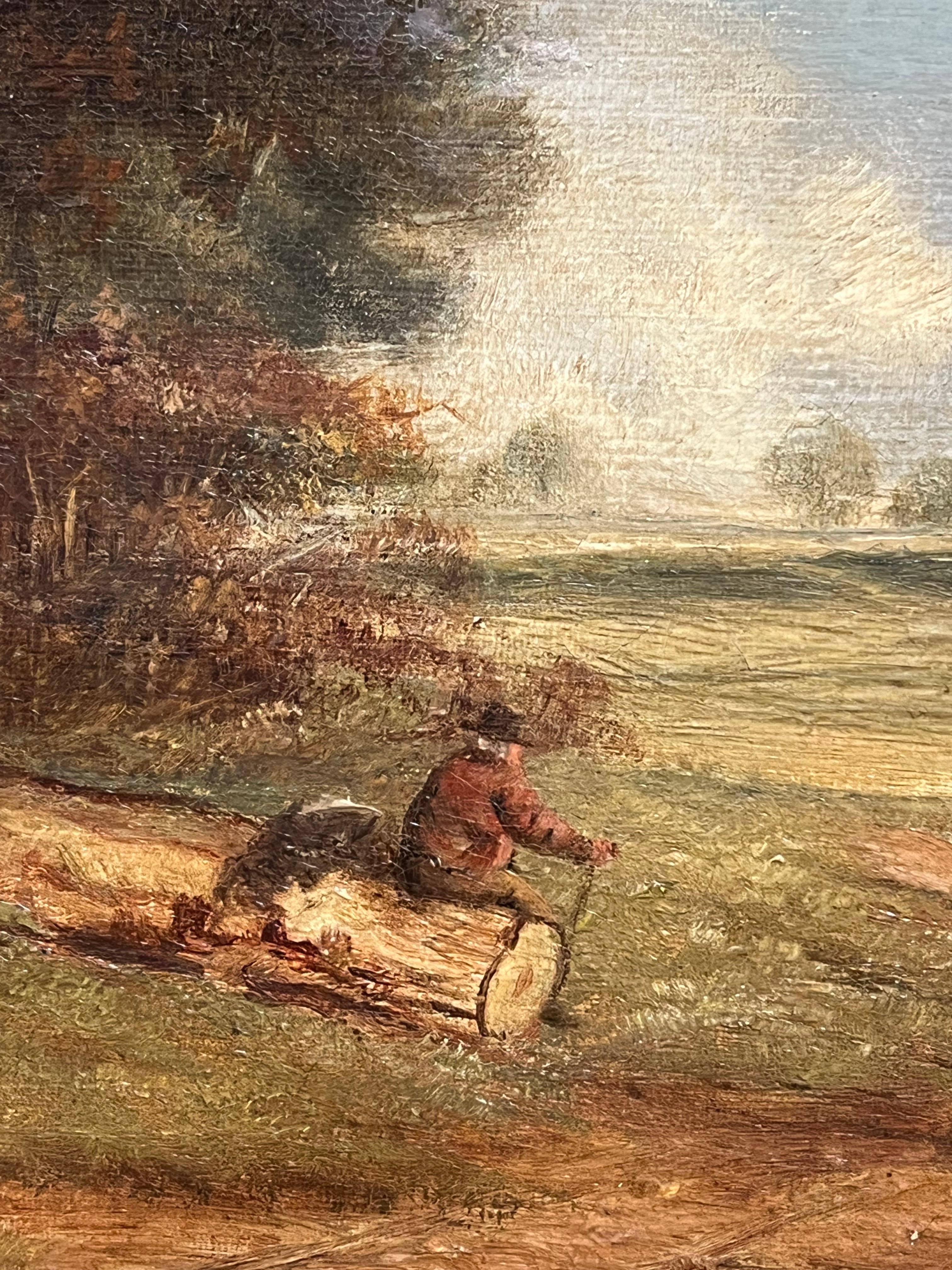 Óleo inglés del siglo XIX Paisaje pastoral con leñador y ganado pastando en venta 4