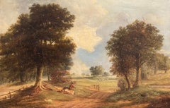 Óleo inglés del siglo XIX Paisaje pastoral con leñador y ganado pastando
