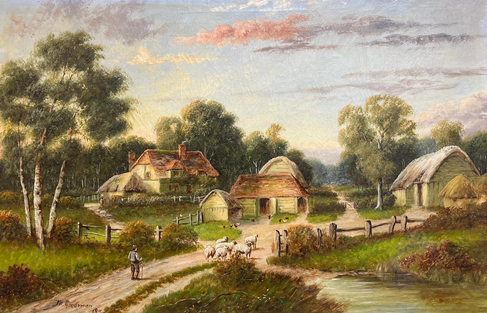 Antiguo cuadro al óleo campestre inglés Pastor con ovejas y granja rural - Painting de Antique English 