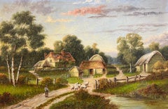 Antique English Countryside Oil Painting Shepherd with Sheep and Rural Farmstead