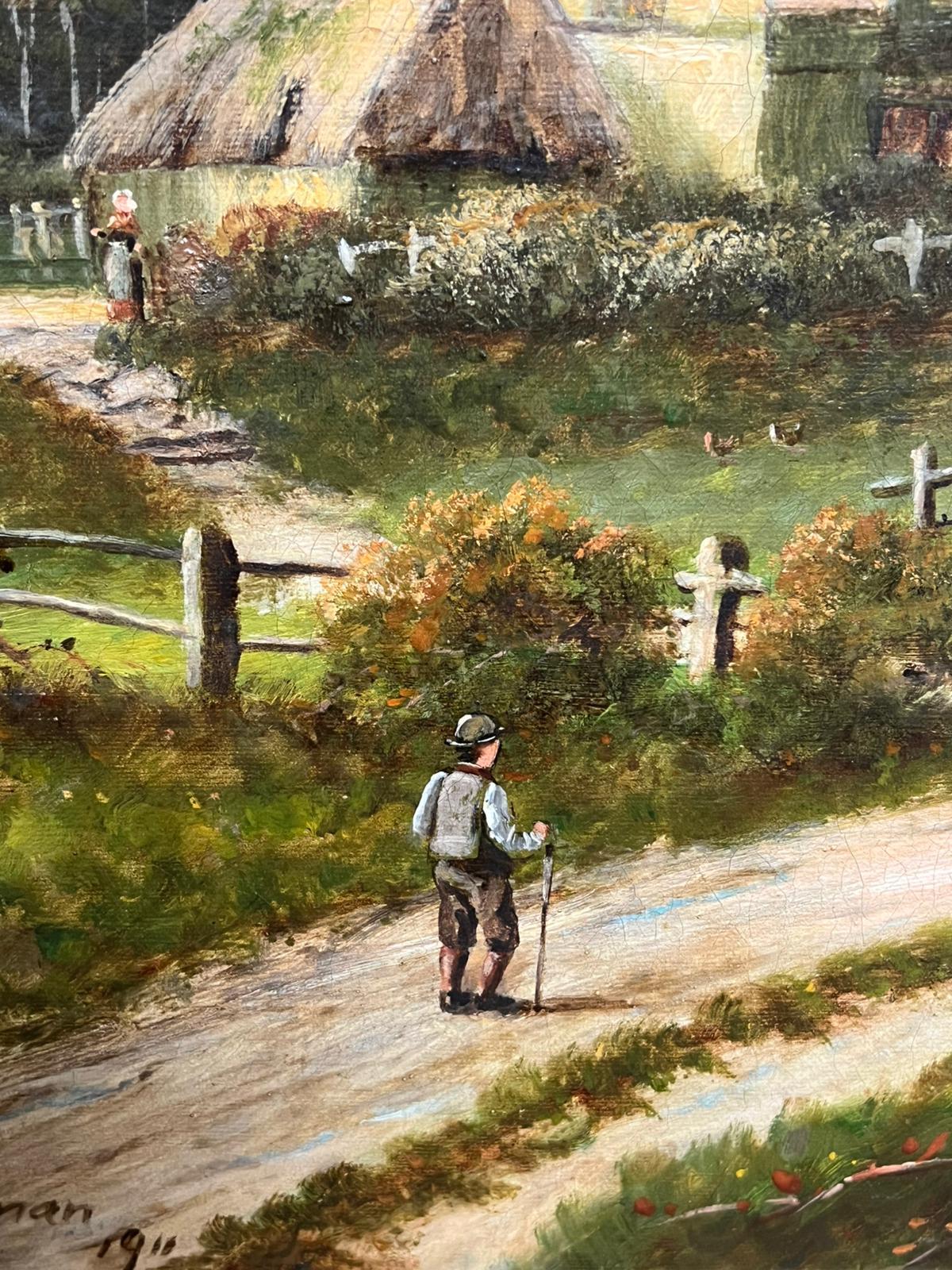 Antiguo cuadro al óleo campestre inglés Pastor con ovejas y granja rural - Landscape Painting Marrón de Antique English 