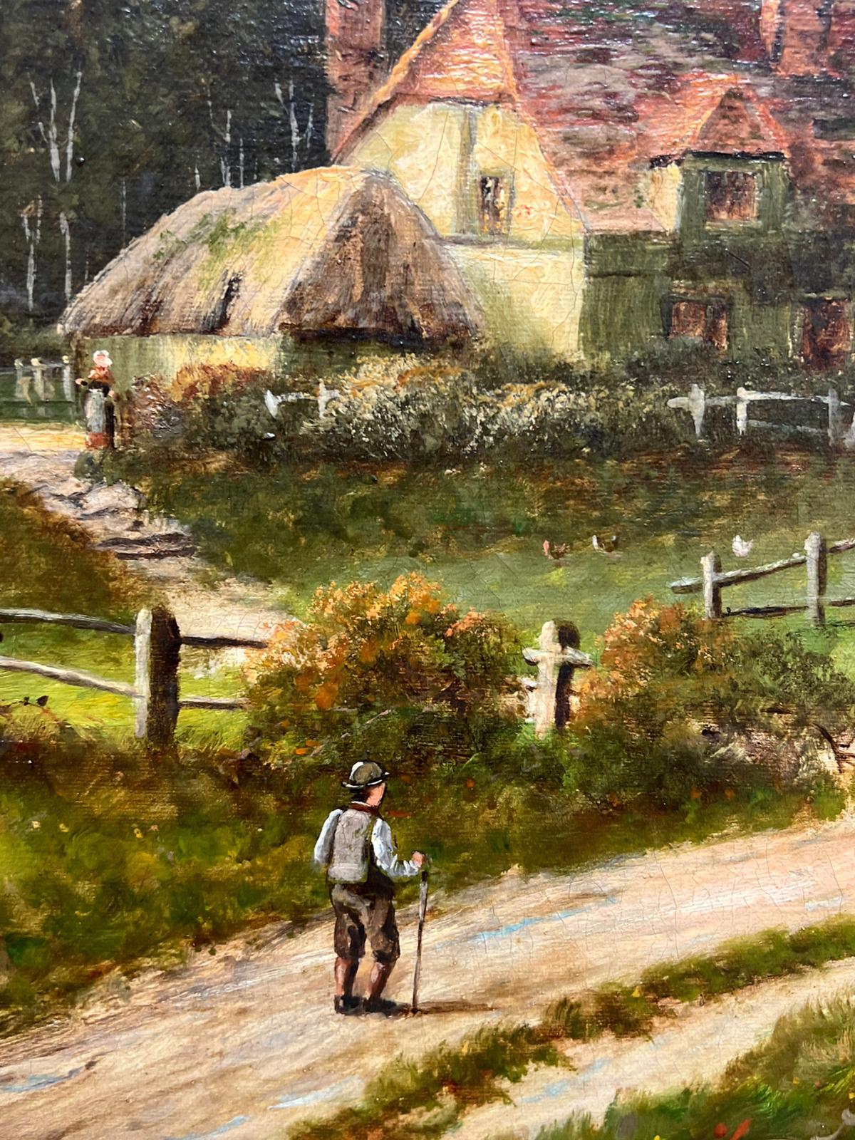 Antiguo cuadro al óleo campestre inglés Pastor con ovejas y granja rural en venta 1