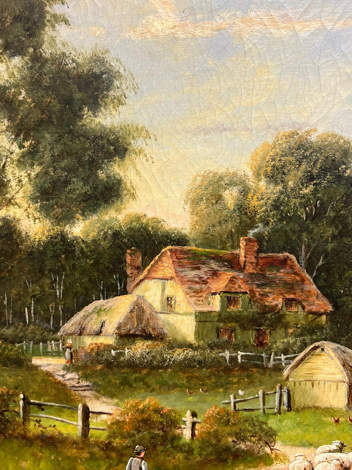 Antiguo cuadro al óleo campestre inglés Pastor con ovejas y granja rural en venta 2