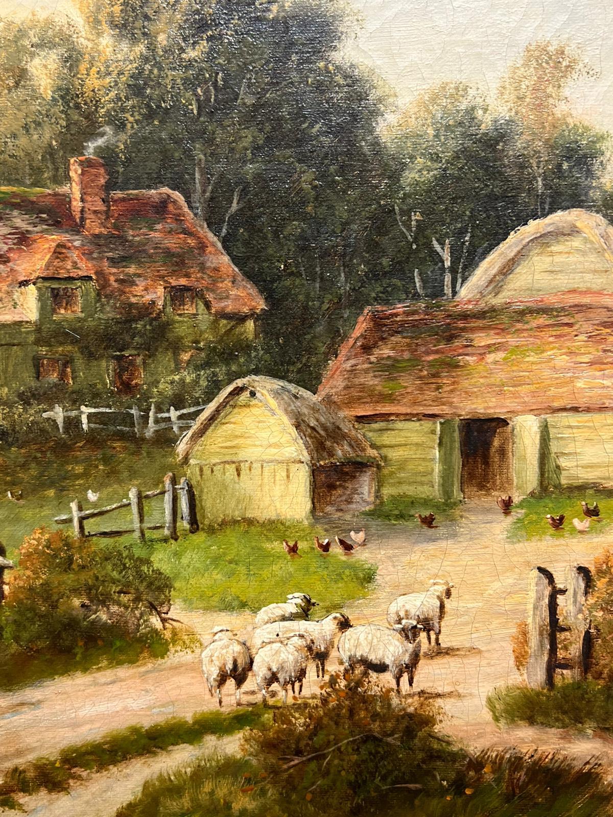 Antiguo cuadro al óleo campestre inglés Pastor con ovejas y granja rural en venta 3