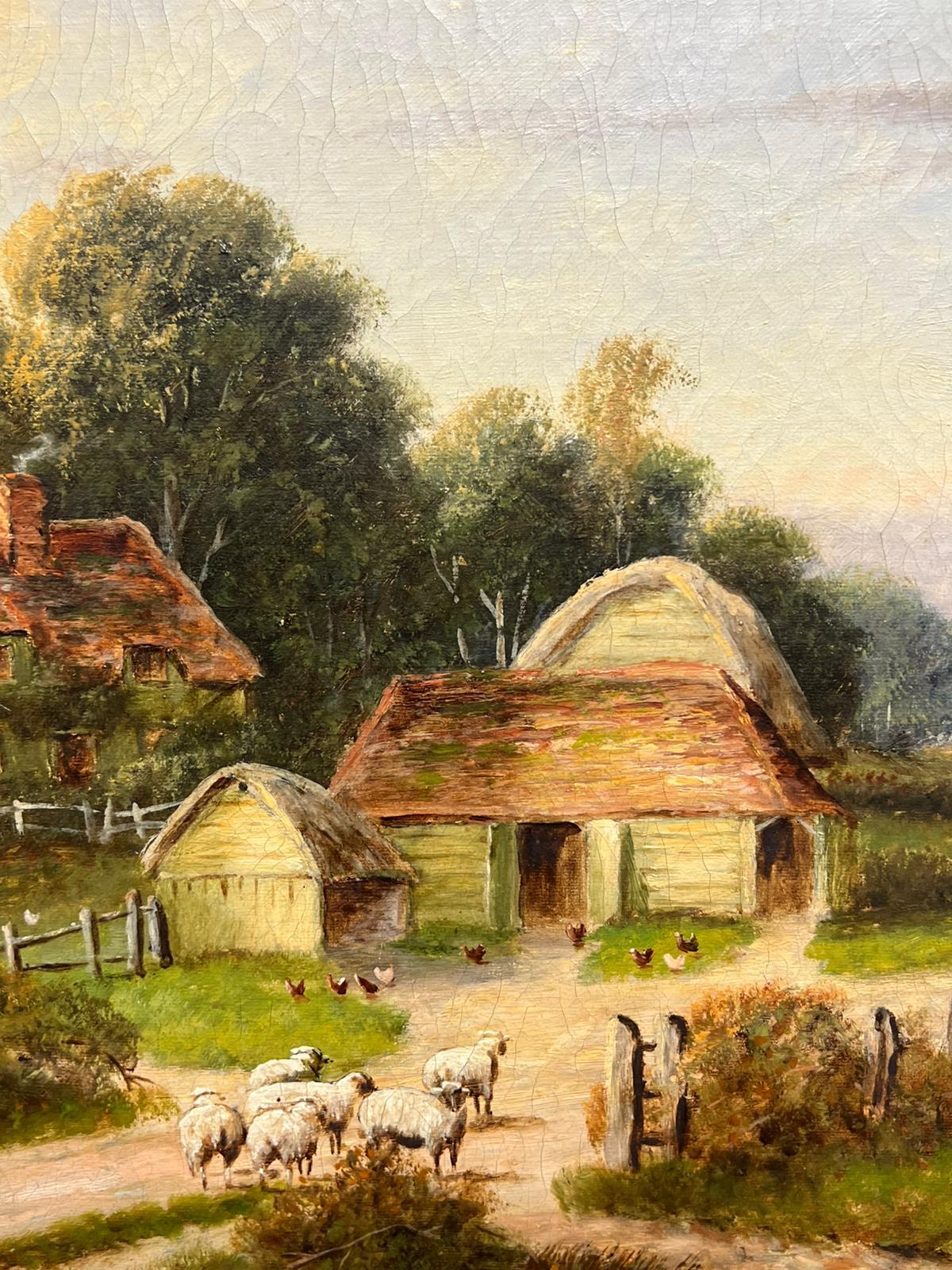 Antiguo cuadro al óleo campestre inglés Pastor con ovejas y granja rural en venta 4