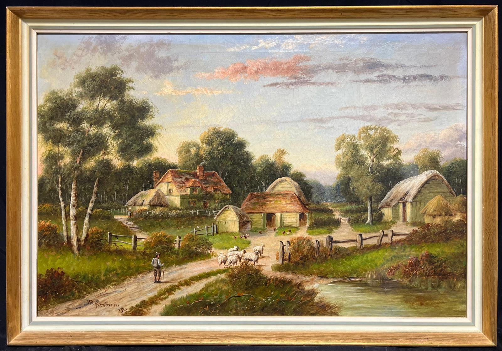 Landscape Painting de Antique English  - Antiguo cuadro al óleo campestre inglés Pastor con ovejas y granja rural