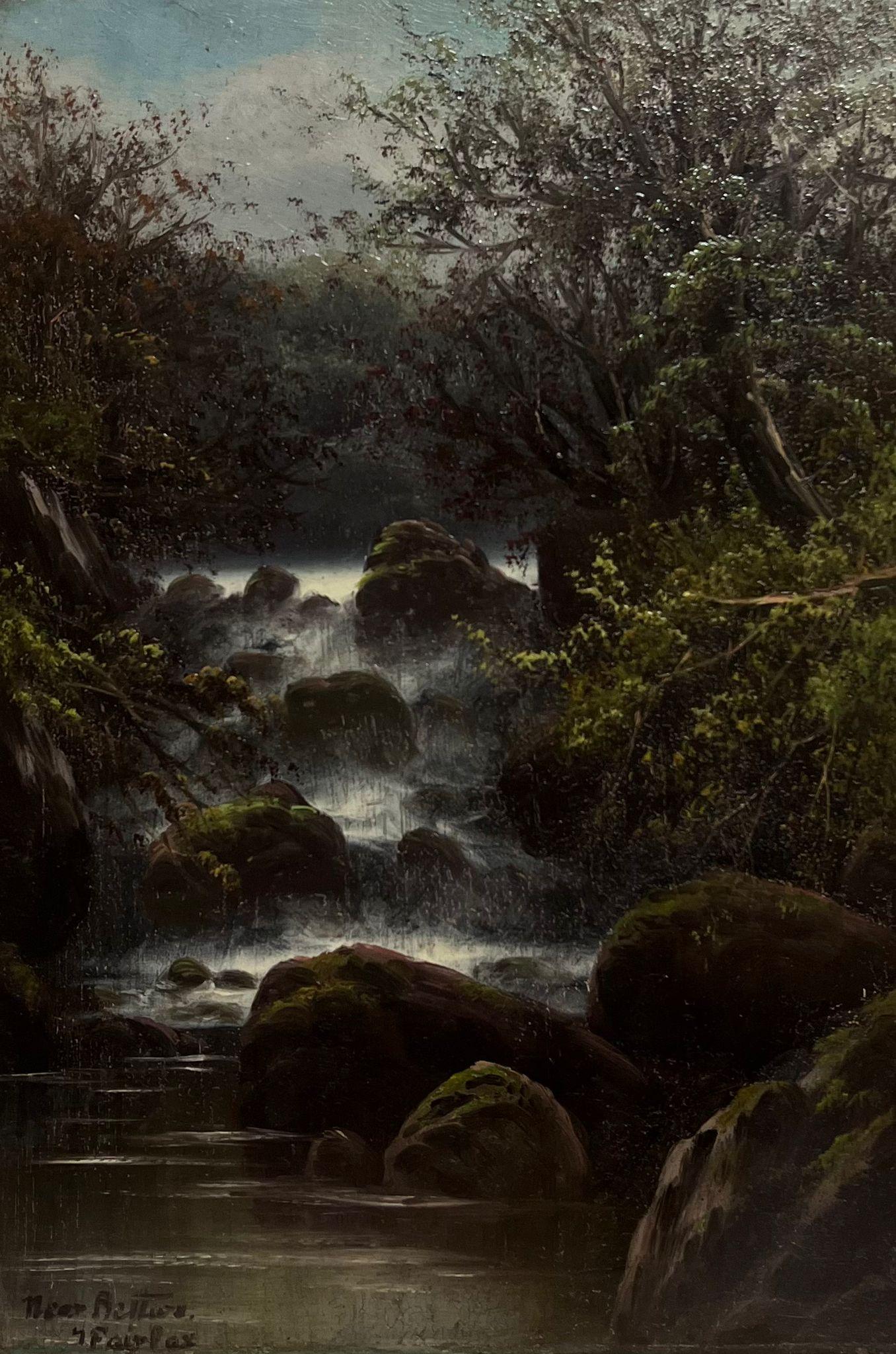 Antique Signed English Oil Painting Waterfall in Wooded Landscape Gilt Framed - Brown Landscape Painting by Antique English 