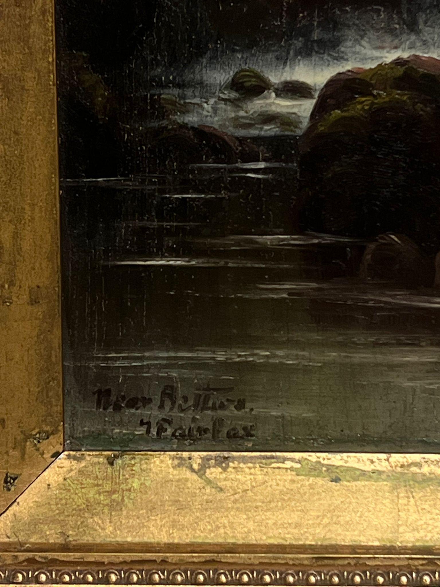 Antique Signed English Oil Painting Waterfall in Wooded Landscape Gilt Framed 1