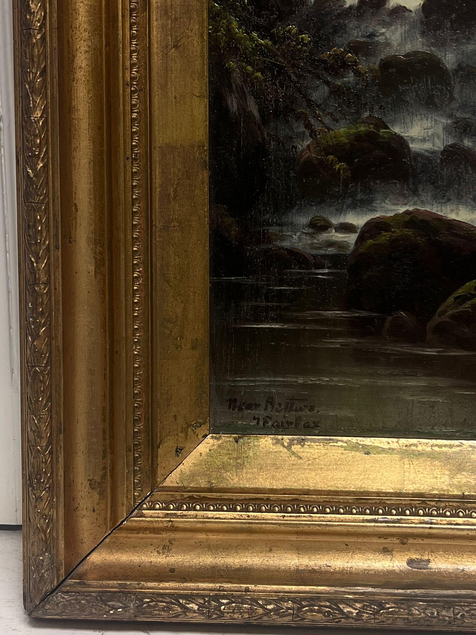Antique Signed English Oil Painting Waterfall in Wooded Landscape Gilt Framed 2