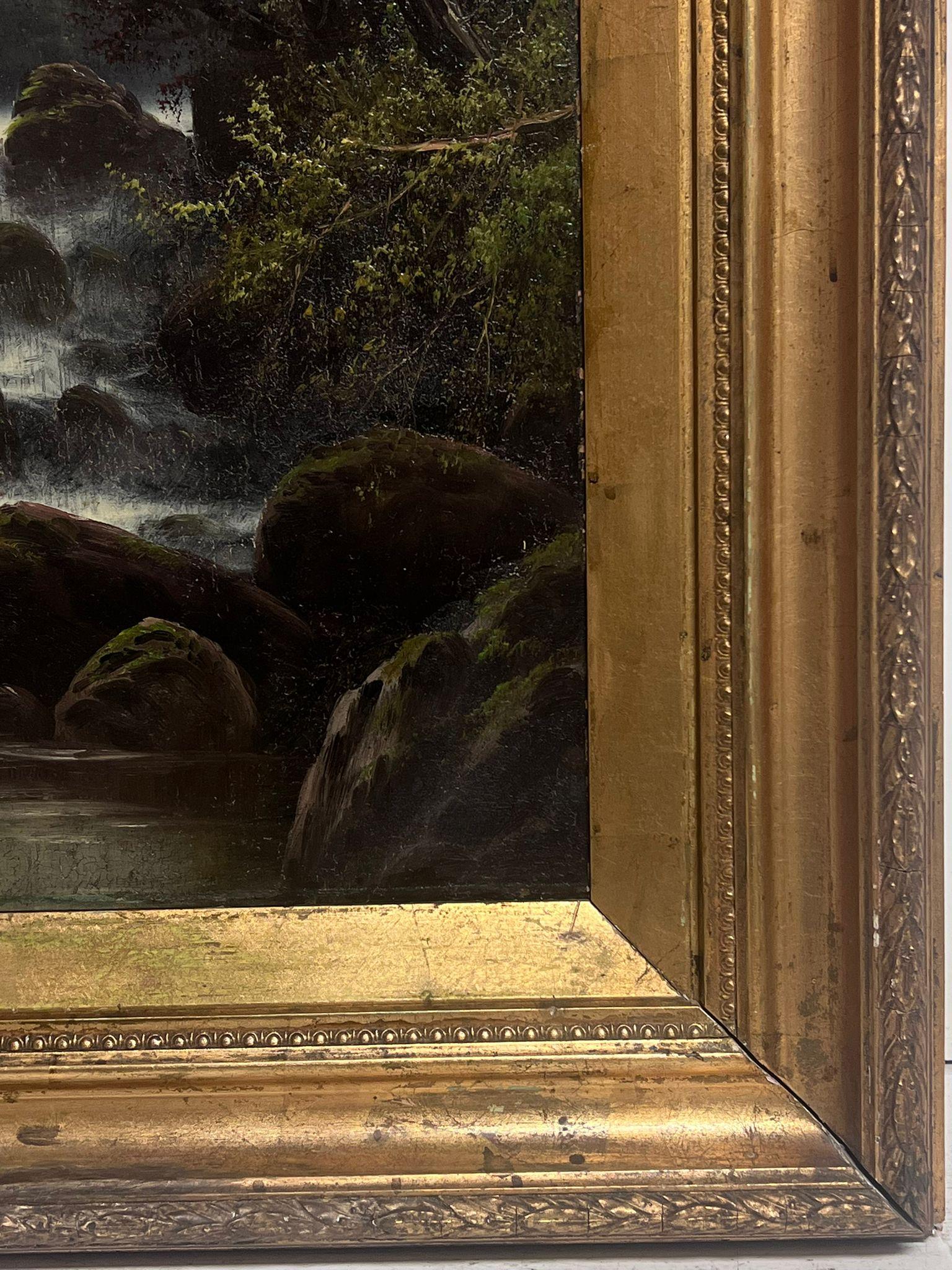 Antique Signed English Oil Painting Waterfall in Wooded Landscape Gilt Framed 3