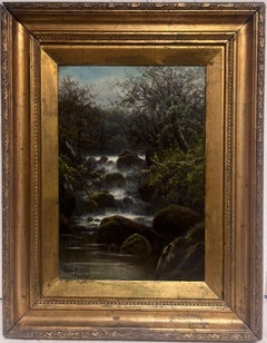 Antique Signed English Oil Painting Waterfall in Wooded Landscape Gilt Framed