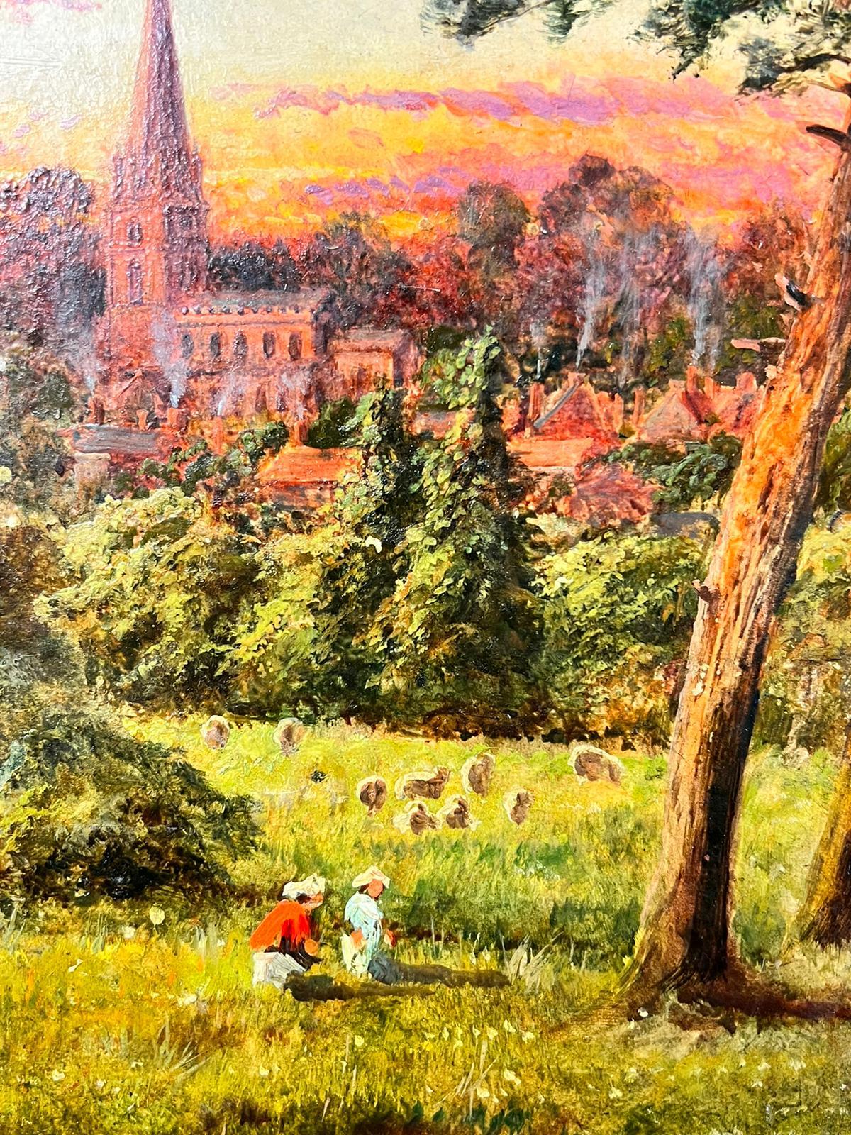 Antique Victorian English Figures In Sheep Field With The Sunrise Over Village - Painting by Antique English 