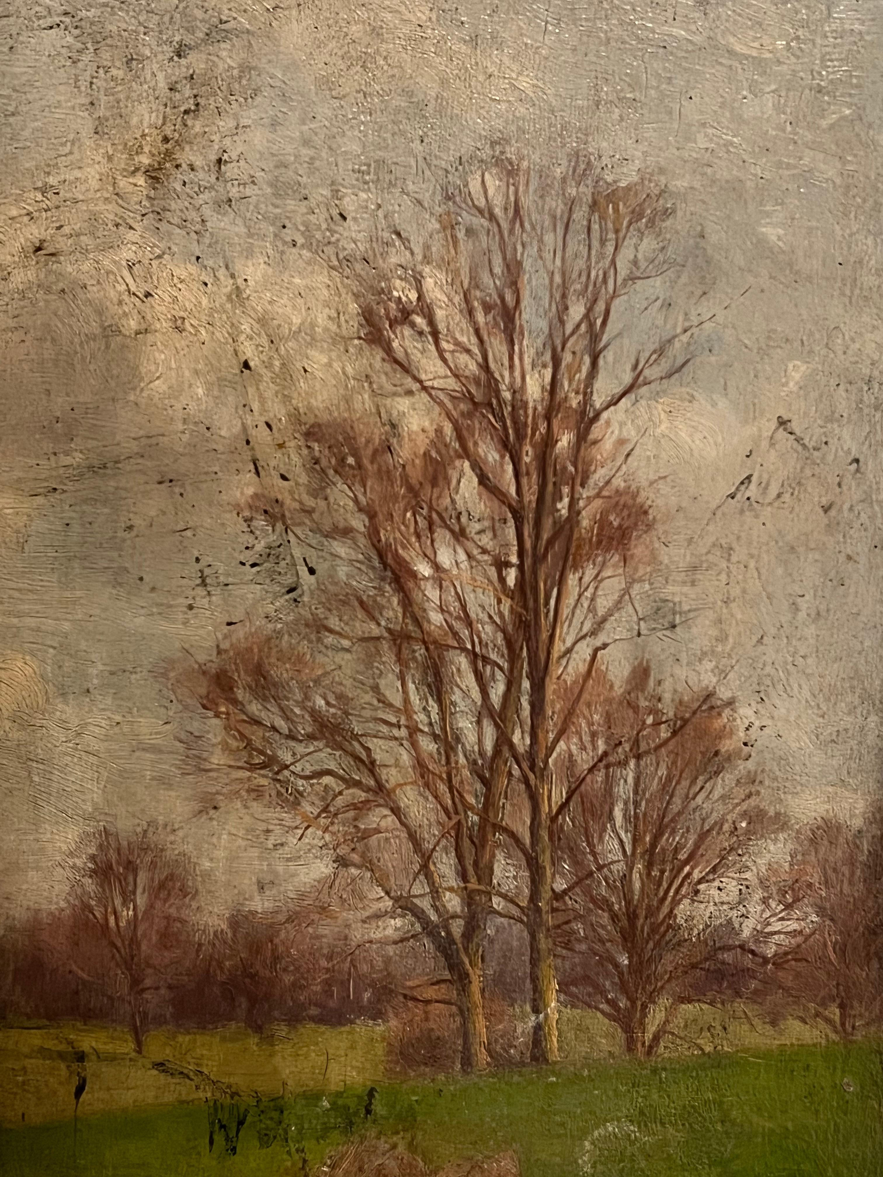 Artist/ School: English School, late 19th/ early 20th century.
The painting came from a large collection of works by one artist. A very few of them are signed what looks to be 'F. Wardle'. 

Title: Autumn Tree Landscape

Medium: oil on board,