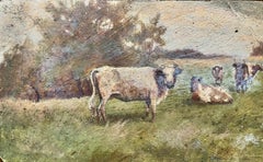 Antique Victorian English Oil Cows In Open Green Meadow Landscape