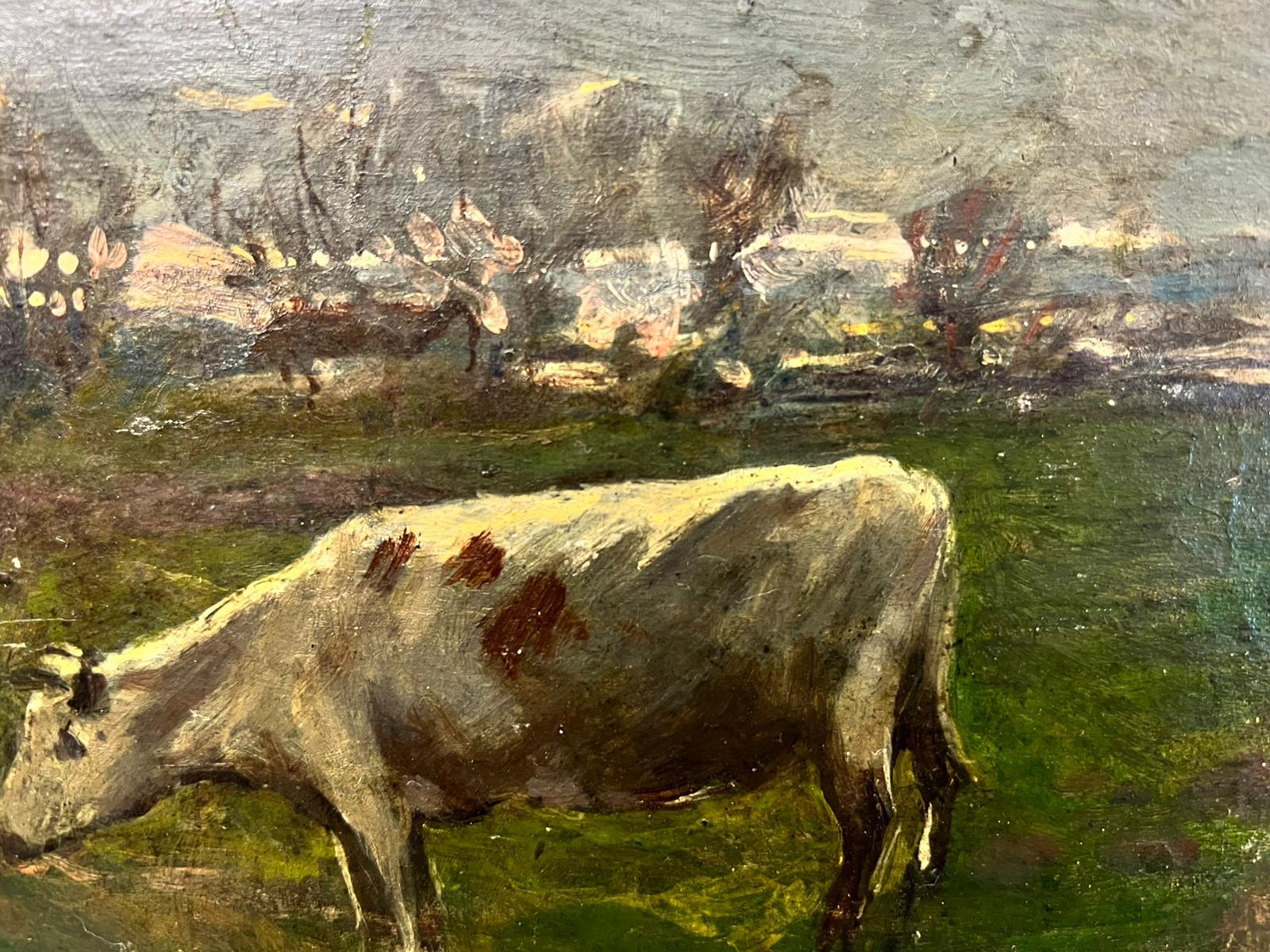 Antique Victorian English Oil Cow's Munching  - Painting by Antique English 