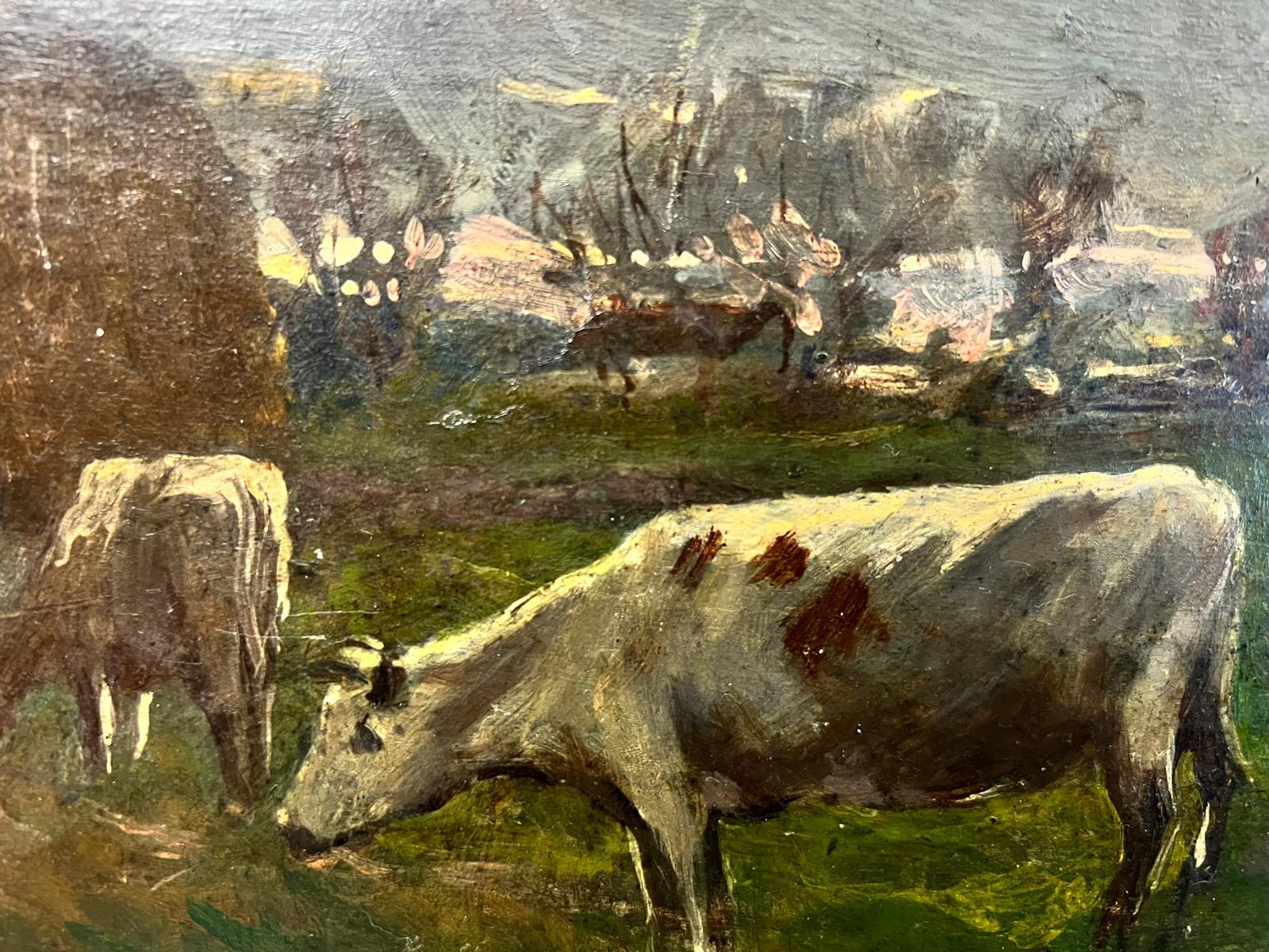 Artiste/École : École anglaise, fin du XIXe/ début du XXe siècle.
Le tableau provient d'une grande collection d'œuvres d'un seul artiste. Quelques-uns d'entre eux sont signés de ce qui semble être 'F. Wardle'. 

Titre : Vaches dans un champ

Médium