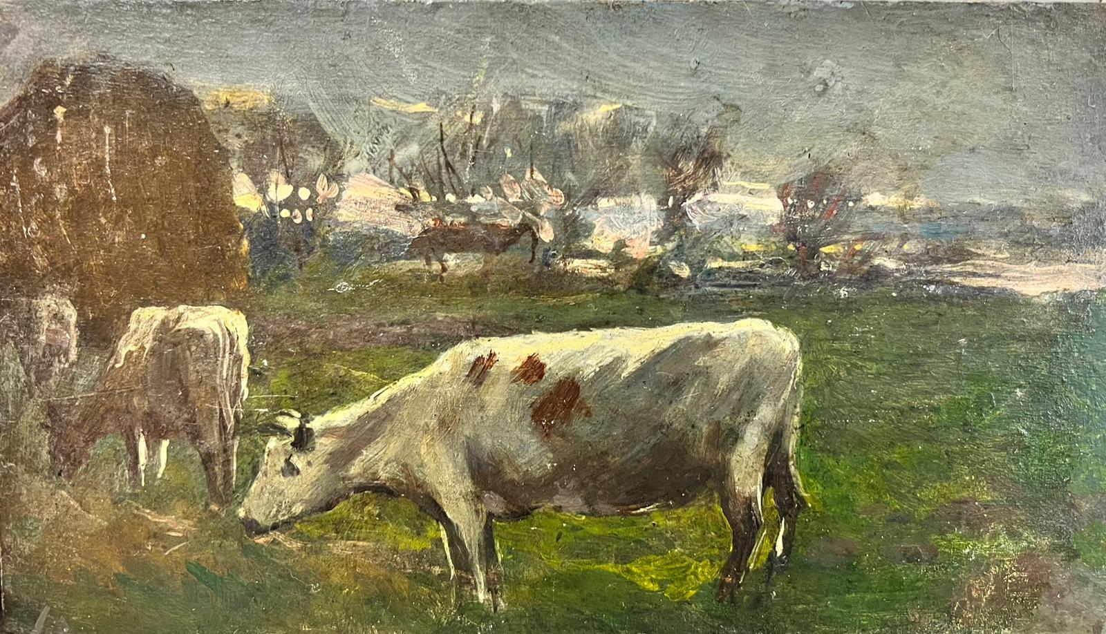 Antique English  Landscape Painting - Antique Victorian English Oil Cow's Munching 