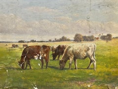 Antique Victorian English Oil Cows Munching on Grass