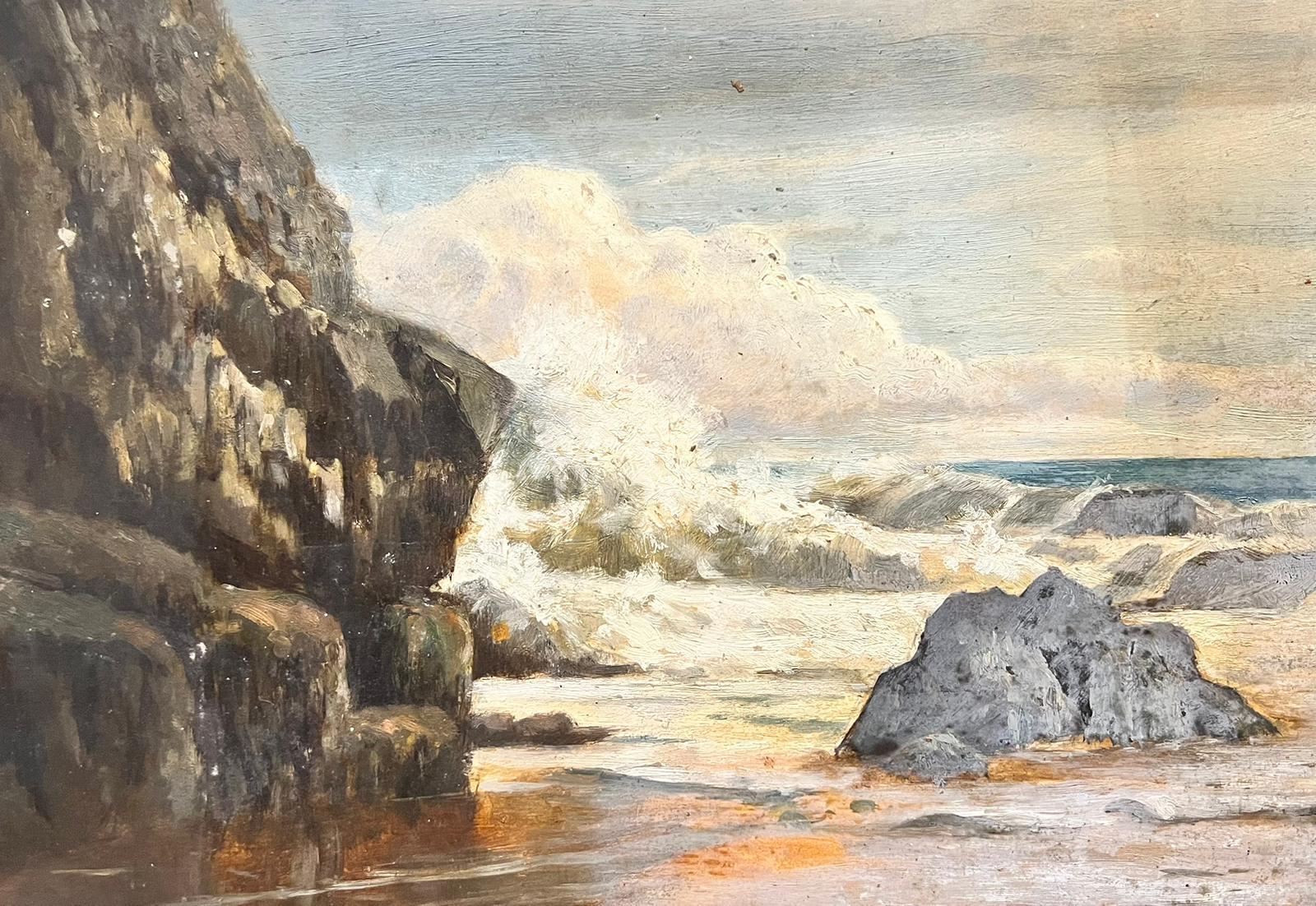 Antique Victorian English Oil Crashing Blue Waves Against Rocks Landscape - Painting by Antique English 