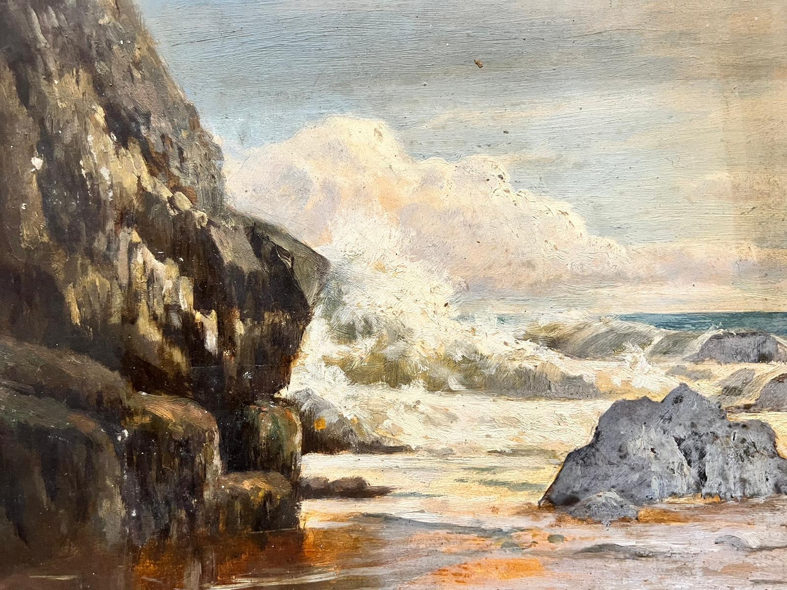 Artist/ School: English School, late 19th/ early 20th century.
The painting came from a large collection of works by one artist. A very few of them are signed what looks to be 'F. Wardle'. 

Title: Crashing Waves Landscape

Medium: oil on thin