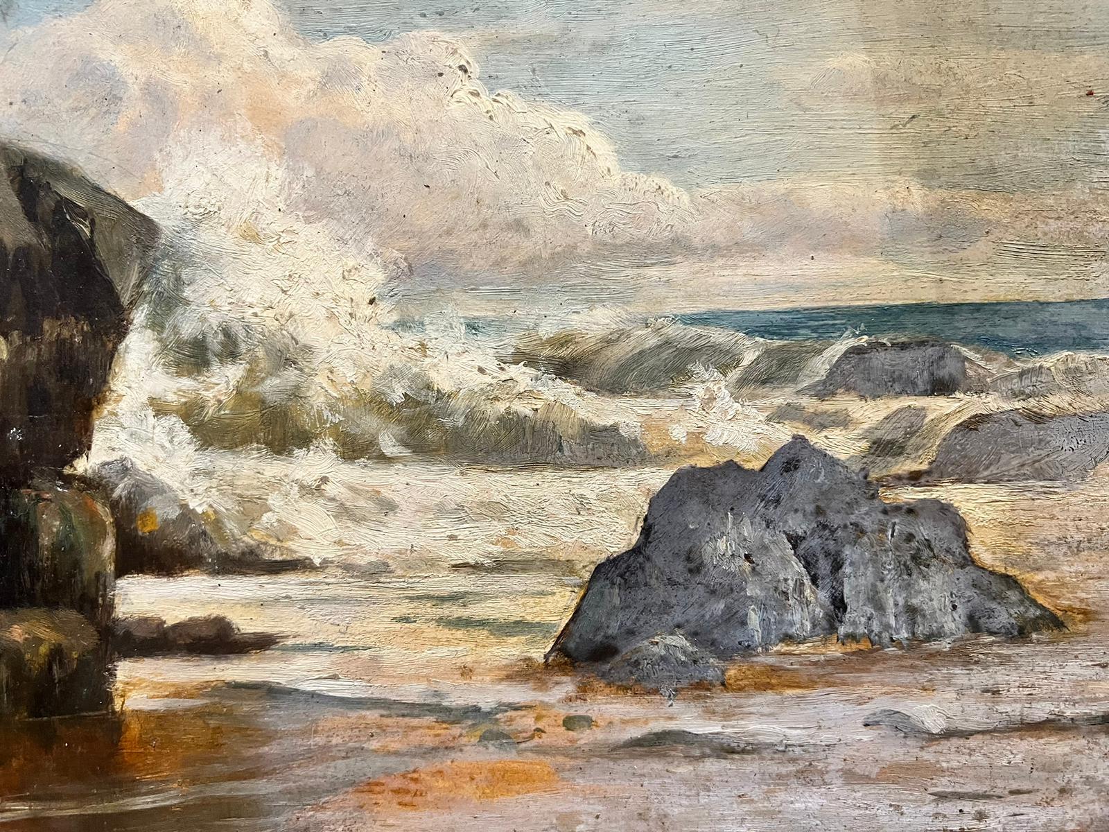 Antique Victorian English Oil Crashing Blue Waves Against Rocks Landscape 1