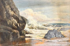 Antike viktorianische englische Öl-Landschaft mit blauen Schaufeln und Felsen