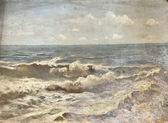 Antique Victorian English Oil Crashing Blue Waves Landscape