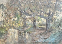 Antique Victorian English Oil Down By The Stream Landscape