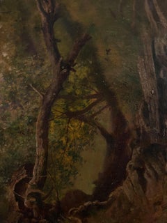 Antiguo Óleo Inglés Victoriano Árbol Caído Del Tocón Roto